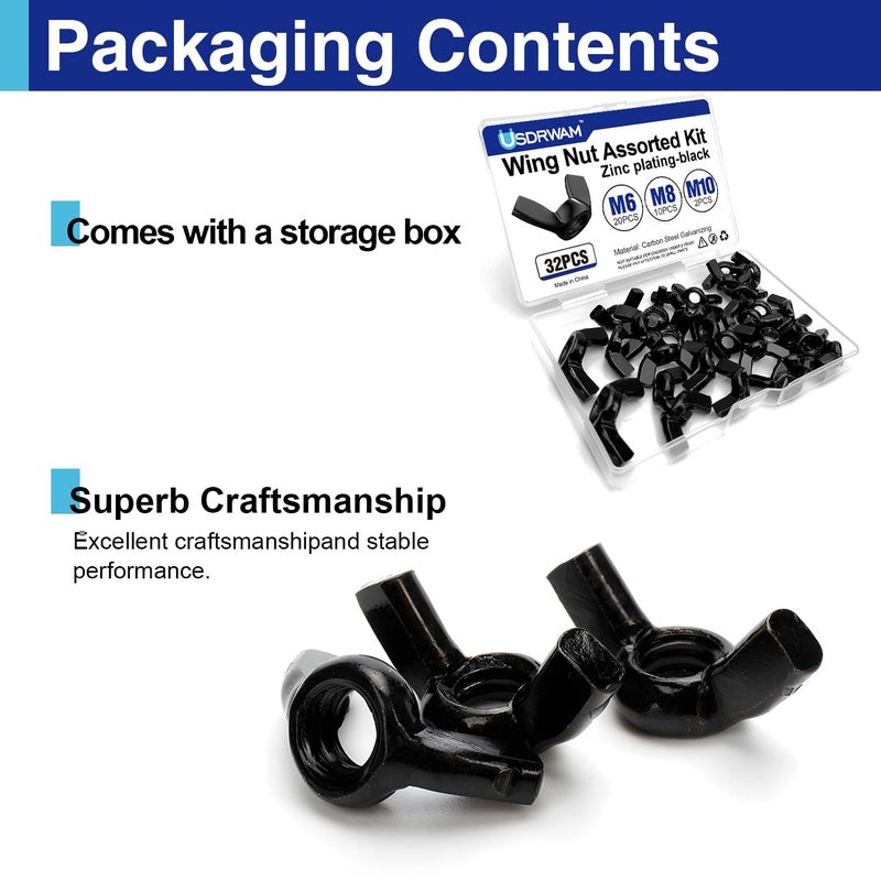 Usdrwam 32PCS 3 Size M6 M8 M10 Metric Wing Nuts Assorted kit, Zinc Plating-Black Wing Nuts Butterfly Fasteners, Hand Twist Tighten Ear Butterfly Nut Kitfor Easy Assembly and Secure Fit Furniture - Image 3